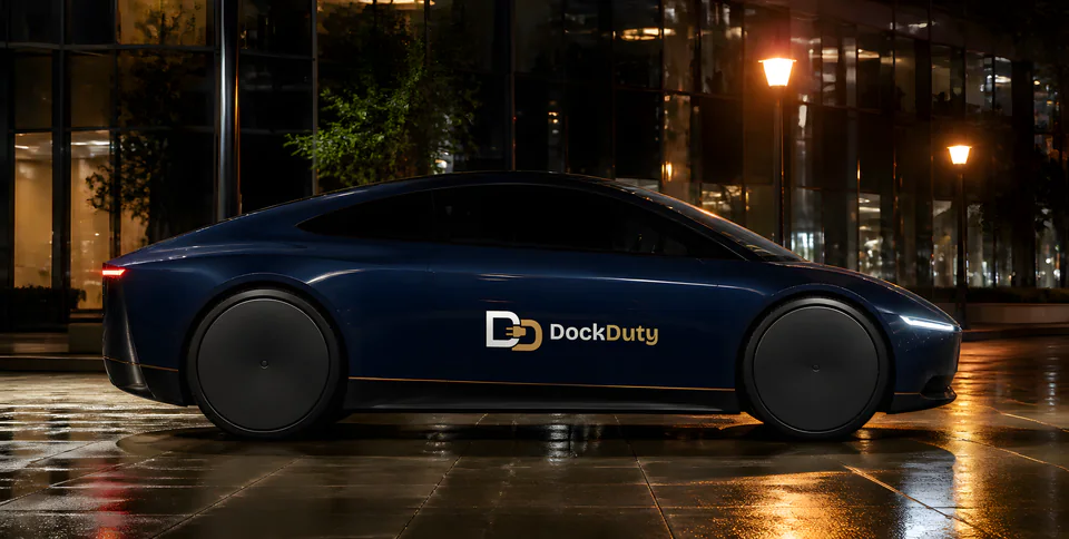 Cybercab con los colores de DockDuty, perfil lateral de noche (render con IA con fines ilustrativos)