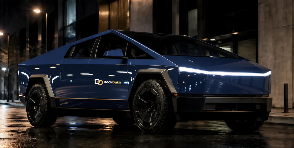 Cybertruck con los colores de DockDuty, vista frontal de tres cuartos de noche (render con IA con fines ilustrativos)