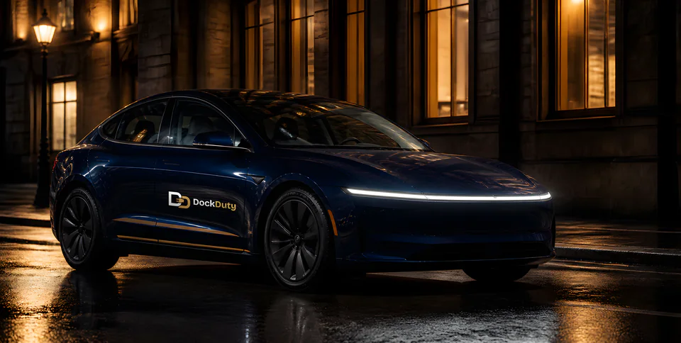 Model 3 con los colores de DockDuty, vista frontal de tres cuartos de noche (render con IA con fines ilustrativos)