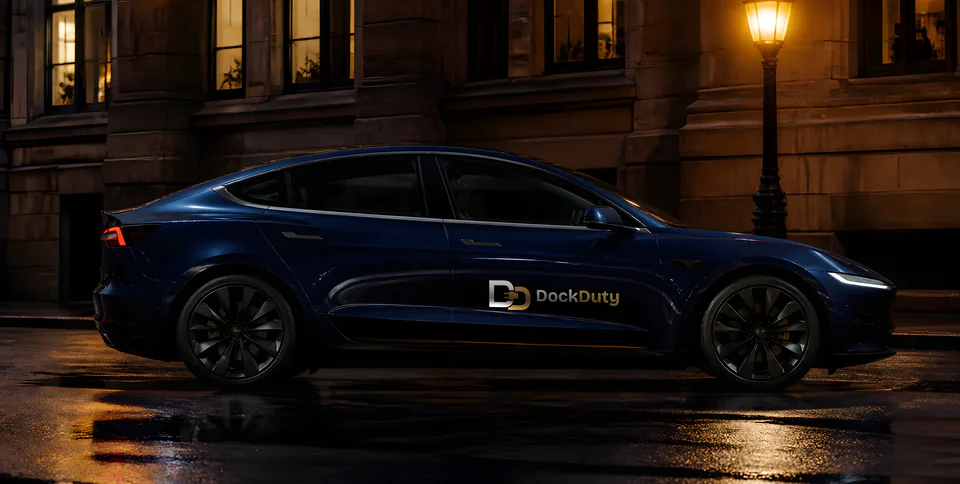 Model 3 con los colores de DockDuty, perfil lateral de noche (render con IA con fines ilustrativos)