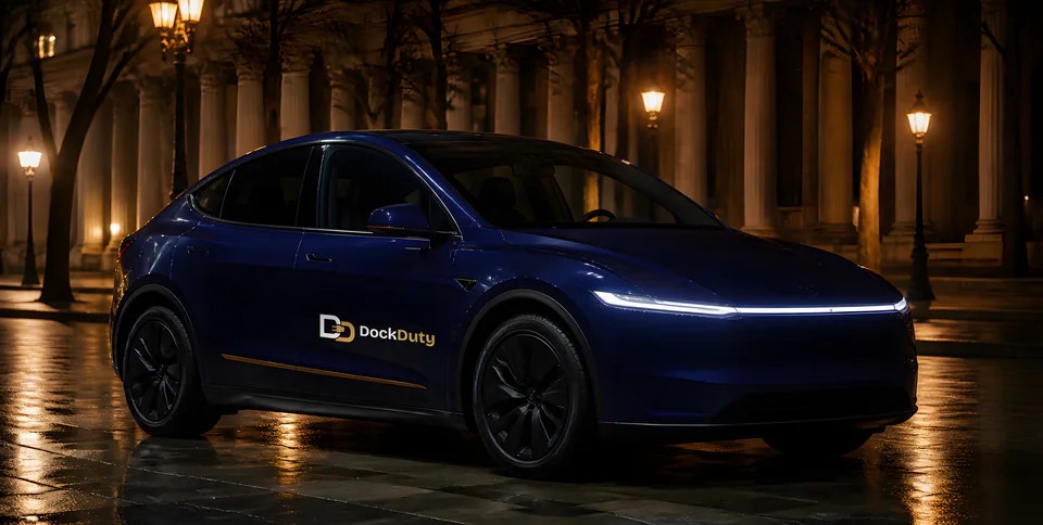 Model Y con los colores de DockDuty, vista frontal de tres cuartos de noche (render con IA con fines ilustrativos)