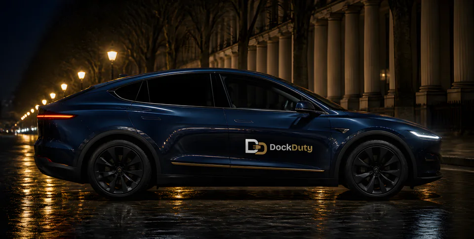 Model Y con los colores de DockDuty, perfil lateral de noche (render con IA con fines ilustrativos)